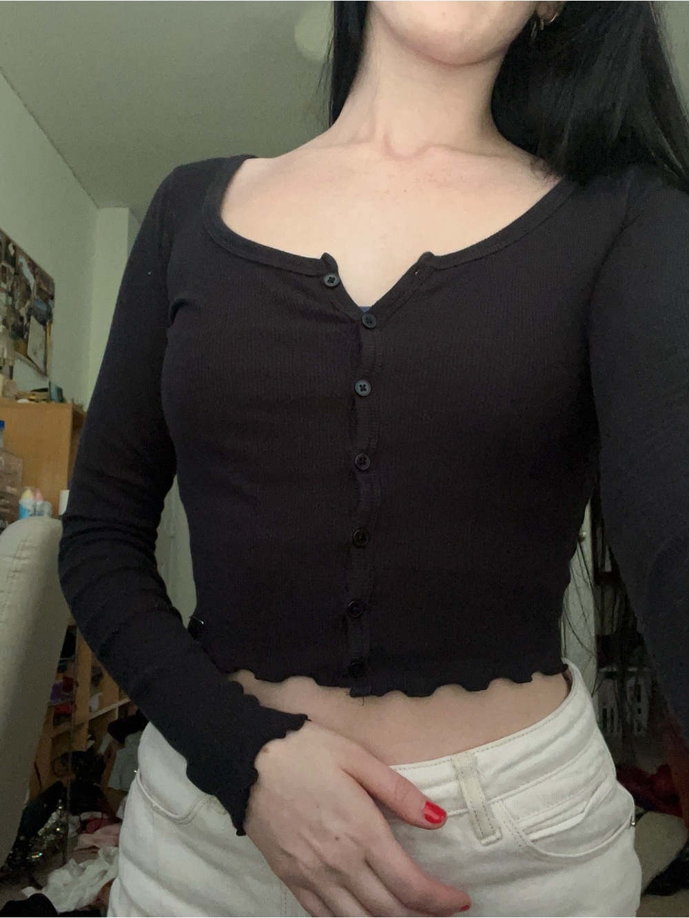Hollister Black baby tee Ribbed Button-Front Long Sleeve Crop Top